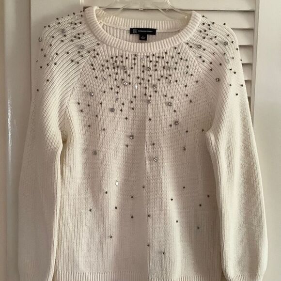 𝅺inc INTERNATIONAL CONCEPT COTTON WHITE EMBROIDERED RHINESTONE WOMAN SWE… - Picture 1 of 9
